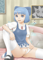 Rule 34 | 1girl, blue eyes, blue hair, bow, censored, cirno, clothing aside, danieru, dress, hair bow, highres, ice, ice wings, mary janes, matching hair/eyes, panties, panties aside, pussy, shoes, short hair, sitting, smile, solo, spread legs, thighhighs, touhou, underwear, white thighhighs, wings