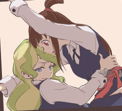 Rule 34 | 2girls, blonde hair, blue eyes, blush, brown hair, diana cavendish, embarrassed, hand on another&#039;s waist, kagari atsuko, little witch academia, long hair, looking at another, luna nova school uniform, multicolored hair, multiple girls, open mouth, red eyes, school uniform, simple background, tonton (mathcaca24), two-tone hair, wavy hair, yellow background, yuri