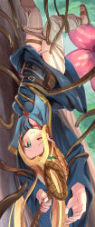 Rule 34 | 1girl, absurdres, aq gohan, belt, blonde hair, blue dress, clenched teeth, clothes pull, dress, dungeon meshi, elf, flower, green eyes, highres, holding, holding staff, long hair, marcille donato, one eye closed, outdoors, panties, pants, pants pull, panty pull, plant, pointy ears, restrained, sandals, solo, staff, teeth, tentacles, tree, underwear, upside-down, vines, white panties, white pants
