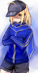Rule 34 | 1girl, artoria pendragon (fate), baseball cap, blonde hair, blush, crossed arms, fate/stay night, fate (series), food, green eyes, hat, jacket, long hair, long sleeves, msasi, mysterious heroine x (fate), pocky, ponytail, rojiura satsuki : chapter heroine sanctuary, saber (fate), shorts, solo, track jacket