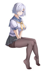 Rule 34 | 1girl, absurdres, between legs, black pantyhose, black skirt, blue eyes, blue sailor collar, breasts, closed mouth, full body, grey hair, hair ornament, hair over one eye, hairclip, hamakaze (kancolle), hand between legs, heel up, highres, invisible chair, kaijiba, kantai collection, large breasts, looking at viewer, neckerchief, pantyhose, sailor collar, school uniform, serafuku, shirt, short hair, short sleeves, sitting, skirt, solo, thighband pantyhose, thighs, toes, white background, white shirt, yellow neckerchief