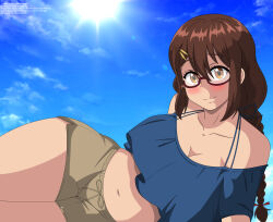 Rule 34 | 1girl, blush, braid, braided ponytail, breasts, brown eyes, brown hair, brown shorts, cleavage, closed mouth, collarbone, glasses, hair ornament, highres, josephscrand, kyochuu rettou, large breasts, long hair, looking at viewer, midriff, naruse chitose, navel, outdoors, shorts, sky, smile, solo