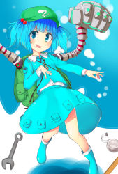 Rule 34 | 1girl, backpack, bad id, bad pixiv id, bag, blue eyes, blue hair, blush, boots, extra arms, hair ornament, hair ribbon, hat, kawashiro nitori, key, kyuu-fairy000, long sleeves, looking at viewer, matching hair/eyes, mechanical arms, pocket, ribbon, rubber boots, ruler, shirt, short twintails, single mechanical arm, skirt, skirt set, solo, touhou, twintails, two side up, wrench