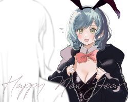Rule 34 | 2girls, animal ears, aqua hair, bang dream!, black hoodie, blurry, blush, bow, bowtie, breasts, cleavage, commentary, depth of field, detached collar, fake animal ears, green eyes, happy new year, highres, hikawa hina, hikawa sayo, hood, hoodie, leotard, long hair, looking at another, medium breasts, multiple girls, new year, open clothes, open hoodie, open mouth, partially colored, playboy bunny, rabbit ears, red bow, red bowtie, short hair, siblings, simple background, sisters, strapless, strapless leotard, sweatdrop, twins, upper body, white background, zihacheol