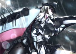 Rule 34 | 10s, 1girl, black gloves, black pantyhose, blonde hair, breasts, from below, gloves, graf zeppelin (kancolle), hat, holding, kantai collection, large breasts, long hair, looking at viewer, looking down, military hat, miniskirt, pantyhose, peaked cap, rain, skirt, solo, tsuuhan, water, wet