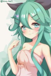 Rule 34 | 1girl, beige towel, black ribbon, breasts, cleavage, clenched hand, collarbone, green eyes, green hair, hair between eyes, hair ornament, hair ribbon, hairclip, kantai collection, kinubari nerune, long hair, looking at viewer, medium breasts, naked towel, parted bangs, ponytail, ribbon, shadow, sidelocks, solo, towel, twitter username, two-tone background, upper body, white background, yamakaze (kancolle)