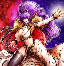 Rule 34 | 1girl, absurdres, armor, breasts, cape, commentary, commission, commissioner upload, english commentary, fire emblem, fire emblem: genealogy of the holy war, hair ornament, highres, ishtar (fire emblem), large breasts, long hair, multicolored background, nintendo, pauldrons, purple hair, shoulder armor, tana taka 3rder, very long hair