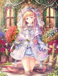 Rule 34 | 1girl, 2018, bouquet, bridal veil, dress, earrings, elf, fantasy, fence, flower, frilled dress, frilled shorts, frills, head tilt, highres, jewelry, light particles, long hair, looking at viewer, original, outdoors, pendant, petals, plant, pointy ears, puffy shorts, purple eyes, ribbon, short shorts, shorts, shorts under dress, signature, smile, soraizumi, veil, vines, wading, walking, water, water drop, window