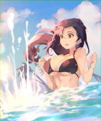 Rule 34 | 1girl, abs, alternate costume, asymmetrical bangs, bare arms, bikini, black bikini, black hair, breasts, cleavage, cloud, cloudy sky, costa del sol, earrings, final fantasy, final fantasy vii, final fantasy vii remake, goku-chan, hands up, highres, jewelry, large breasts, long hair, low-tied long hair, ocean, open mouth, palm tree, partially submerged, red eyes, sideboob, sky, splashing, swimsuit, tifa lockhart, tree, underboob, upper body, water, wet