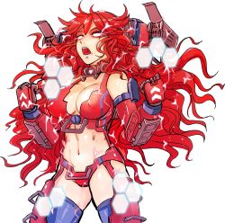 Rule 34 | 1girl, animification, backpack, bag, breasts, cleavage, clenched hands, electricity, glowing, glowing eyes, hmage, honeycomb (pattern), large breasts, long hair, mecha musume, monarch (titanfall 2), open mouth, red eyes, red hair, rocket launcher, simple background, stomach, thighhighs, titanfall, titanfall (series), titanfall 2, transparent background, weapon
