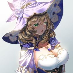 Rule 34 | 1girl, breasts, brown hair, capelet, cleavage, dress, flower, genshin impact, green eyes, hat, hat belt, hat flower, highres, jewelry, large breasts, lisa (genshin impact), long hair, low neckline, multicolored clothes, multicolored dress, necklace, open mouth, purple capelet, purple flower, purple hat, purple rose, rose, silence girl, solo, upper body, witch, witch hat
