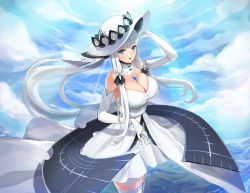 Rule 34 | 1girl, adjusting clothes, adjusting headwear, azur lane, bare shoulders, breasts, choker, cleavage, dress, elbow gloves, elsynien, garter straps, gloves, hair tubes, hat, highres, illustrious (azur lane), jewelry, large breasts, long hair, looking at viewer, off-shoulder dress, off shoulder, parted lips, ring, smile, solo, sun hat, thighhighs, tri tails, wedding band, white dress, white gloves, white thighhighs, zettai ryouiki