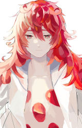 Rule 34 | absurdres, artist request, crystal hair, highres, houseki no kuni, long hair, open clothes, open shirt, other focus, padparadscha (houseki no kuni), red eyes, red hair, simple background, smile, solo, very long hair, white background