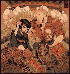 Rule 34 | 1boy, 1girl, alcohol, animal ears, animal nose, architecture, artist logo, beer, big squid man, black eyes, black hair, black kimono, blunt bangs, border, bottle, cat, chain necklace, chest hair, chopsticks, closed mouth, collared shirt, cup, dog boy, earrings, east asian architecture, english text, feast, fish (food), fisheye, folding screen, food, fruit, furry, furry male, gunkanmaki, hand up, hatching (texture), highres, holding, holding chopsticks, holding food, hotpot, ice, ice cube, ikura (food), indoors, japanese clothes, jar, jewelry, kimono, lemon, lemon slice, limited palette, linear hatching, lips, looking at viewer, muscular, muscular male, necklace, noodles, open collar, original, pants, plant, portable stove, potted plant, roe, sake, sash, sashimi, sauce, shirt, shirt tucked in, short hair, sitting, sleeves rolled up, snout, soy sauce, sparkle, star (symbol), star earrings, steam, striped clothes, striped shirt, sushi, sushi geta, table, too many, tray, vase, vertical-striped clothes, vertical-striped shirt