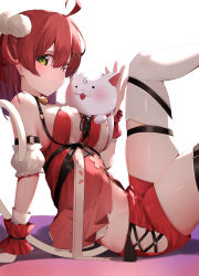 Rule 34 | 1girl, 35p (sakura miko), absurdres, ahoge, bare shoulders, bell, breasts, cat hair ornament, cat tail, cherry blossom print, choker, crop top, detached sleeves, floral print, from side, green eyes, hair ornament, hairclip, highres, hololive, legs up, looking at viewer, looking to the side, medium breasts, medium hair, midriff, mikaku, navel, neck bell, official alternate costume, pom pom (clothes), red shirt, red shorts, sakura miko, sakura miko (work), shirt, short shorts, shorts, side-tie shorts, sitting, skindentation, sleeveless, sleeveless shirt, smile, tail, thighhighs, thighs, virtual youtuber, white thighhighs, wrist cuffs