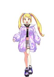 Rule 34 | 1girl, absurdres, artist request, black shirt, black socks, blonde hair, casual, choker, full body, hair ornament, highres, jacket, leg belt, long hair, looking at viewer, magicami, navel, official art, shirt, shoes, shorts, sidelocks, smile, sneakers, socks, standing, standing on one leg, transparent background, twintails, yellow eyes, yuwase cocoa