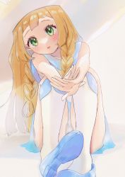 Rule 34 | 1girl, blonde hair, blue footwear, blush, braid, collarbone, commentary request, creatures (company), eyelashes, game freak, green eyes, hat, head tilt, highres, kneehighs, lillie (pokemon), long hair, looking at viewer, mcmcusg, nintendo, parted lips, pokemon, pokemon sm, shoes, sitting, socks, solo, stretching, twin braids, white hat, white socks