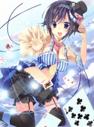 Rule 34 | 1girl, :d, bad id, bad pixiv id, black hair, black thighhighs, blue eyes, blush, breasts, card, cloud, garter straps, hairband, hat, heart, highres, medium breasts, midriff, navel, necktie, open mouth, original, playing card, short hair, smile, solo, striped, sushimekabu, thighhighs, v, vertical stripes
