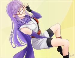 Rule 34 | 1girl, adjusting eyewear, bare shoulders, between legs, black footwear, black gloves, boots, breasts, commentary request, detached sleeves, female focus, fingerless gloves, gintama, glasses, gloves, hand between legs, japanese clothes, long hair, mole, mole under eye, purple eyes, purple hair, purple scarf, red-framed eyewear, sarutobi ayame, scarf, shinomy, signature, simple background, sitting, smile, solo, yellow background