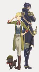 Rule 34 | 1boy, 1girl, ace attorney, back-to-back, bandana, barok van zieks, beige pants, blonde hair, blue eyes, blue jacket, boots, brown dog, brown footwear, buttons, center frills, coat, crossed arms, dog, double-breasted, epaulettes, frills, full body, gina lestrade, gloves, gold trim, green coat, green headwear, hachi kou, highres, jacket, looking at viewer, looking back, one eye closed, pants, puppy, purple footwear, purple hair, purple jacket, red bandana, red neckwear, saber (weapon), sheath, sheathed, shirt, short hair, simple background, suspenders, sword, the great ace attorney, the great ace attorney: adventures, toby (ace attorney), weapon, white background, white gloves, white pants, white shirt