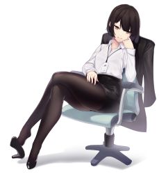 Rule 34 | 1girl, black footwear, black hair, black jacket, black pantyhose, black skirt, blouse, blush, bob cut, brown eyes, chair, collared shirt, commentary request, dev (dev0614), formal, full body, hand on leg, hand on own thigh, hand up, head rest, high heels, highres, id card, jacket, long sleeves, looking at viewer, office chair, office lady, original, pantyhose, parted lips, pencil skirt, pumps, shadow, shirt, shoe dangle, short hair, simple background, sitting, skirt, skirt suit, smile, solo, suit, swivel chair, unworn jacket, white background, white shirt