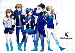 Rule 34 | 2boys, 3girls, ;), bare shoulders, blue eyes, blue scarf, blue theme, boots, brown eyes, brown hair, character request, coat, glasses, green eyes, hair ornament, hairclip, hand in pocket, hat, headphones, high heels, multiple boys, multiple girls, necktie, one eye closed, one side up, scarf, shoes, short shorts, shorts, side ponytail, skirt, smile, striped clothes, striped legwear, striped thighhighs, thighhighs, wink, yunco, yuzuki kihiro