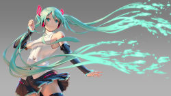 Rule 34 | 1girl, aqua eyes, aqua hair, aqua necktie, arm up, bare shoulders, black skirt, black thighhighs, breasts, closed mouth, collared shirt, cowboy shot, detached sleeves, floating hair, glowing, grey background, hatsune miku, hatsune miku (vocaloid4), headphones, highres, long hair, long sleeves, looking to the side, necktie, number tattoo, pinakes, pleated skirt, shirt, sideboob, simple background, skirt, sleeveless, sleeveless shirt, small breasts, smile, solo, standing, tattoo, thighhighs, very long hair, vocaloid, white shirt, wing collar, zettai ryouiki