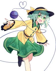 Rule 34 | 1girl, blush, bow, collared shirt, commentary request, eyeball, eyebrows hidden by hair, floral print, frilled shirt collar, frilled sleeves, frills, green eyes, green hair, green skirt, hat, hat bow, hat ribbon, heart, heart of string, kaminokefusa, komeiji koishi, long sleeves, looking at viewer, open hands, open mouth, outstretched arms, ribbon, shirt, shoes, skirt, standing, standing on one leg, string, third eye, touhou, wavy hair, white background, wide sleeves, yellow bow, yellow ribbon, yellow shirt