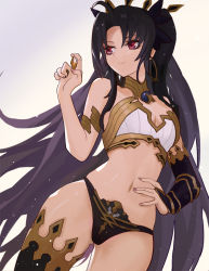 Rule 34 | 1girl, armlet, asymmetrical legwear, asymmetrical sleeves, bad id, bad pixiv id, bare shoulders, bikini, black bikini, black bow, black hair, bow, breasts, bridal gauntlets, cleavage, closed mouth, detached collar, detached sleeves, earrings, fate/grand order, fate (series), gem, gold trim, gradient background, hair bow, hand on own hip, hoop earrings, ishtar (fate), jewelry, long hair, looking to the side, medium breasts, mismatched bikini, navel, neck ring, parted bangs, red eyes, single detached sleeve, single thighhigh, solo, swimsuit, thighhighs, tiara, two side up, uneven legwear, uneven sleeves, white bikini, wifc