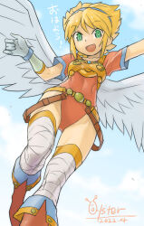 Rule 34 | 1girl, angel wings, armor, blonde hair, breath of fire, dated, feathered wings, gloves, green eyes, hairband, highres, leotard, looking at viewer, nina (breath of fire i), open mouth, oyster (artist), red leotard, short hair, smile, solo, thighhighs, white wings, wings