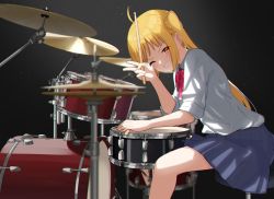 Rule 34 | 1girl, absurdres, ahoge, blonde hair, blue skirt, blush, bocchi the rock!, bow, brown eyes, collared shirt, cymbals, drum, drum set, drumsticks, highres, holding, holding drumsticks, ijichi nijika, instant (ioarthus), instrument, light particles, long hair, looking at viewer, one eye closed, pleated skirt, red bow, shirt, side ponytail, sitting, skirt, smile, solo, v, white shirt