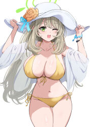 Rule 34 | 1girl, ;d, absurdres, bikini, blonde hair, blue archive, bracelet, breasts, cleavage, collarbone, commentary request, cowboy shot, green eyes, halo, hands up, hat, highres, jewelry, large breasts, long hair, looking at viewer, navel, nonomi (blue archive), nonomi (swimsuit) (blue archive), one eye closed, open mouth, pizzasi, simple background, smile, solo, stomach, sun hat, swimsuit, very long hair, white background, yellow bikini