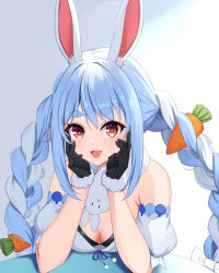 Rule 34 | 1girl, absurdres, bare shoulders, braid, breasts, cleavage, gloves, highres, hololive, looking at viewer, minase03mio, multicolored hair, open mouth, rabbit ears, solo, streaked hair, twin braids, usada pekora, virtual youtuber