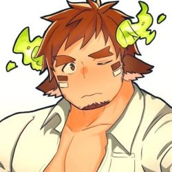 Rule 34 | &gt; o, 1boy, :s, animal ears, profile picture, bara, brown eyes, brown hair, cow boy, cow ears, cow horns, facial hair, fiery horns, flustered, forked eyebrows, garugaru wolf03, glowing horns, goatee, horns, lowres, male focus, muscular, muscular male, one eye closed, open clothes, open shirt, pectoral cleavage, pectorals, short hair, sideburns, simple background, solo, thick eyebrows, tokyo houkago summoners, upper body, wakan tanka, white background