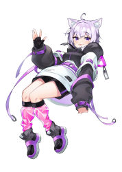 Rule 34 | 1girl, absurdres, ahoge, alternate costume, animal ear fluff, animal ears, black footwear, black gloves, black shorts, blush, breasts, cat ears, character name, clothes writing, commentary request, copyright name, fingerless gloves, full body, gloves, highres, hololive, hood, hoodie, invisible chair, looking at viewer, medium breasts, narita tamezou, nekomata okayu, pink socks, price tag, purple eyes, purple hair, shoes, short hair, short shorts, shorts, simple background, sitting, smile, socks, solo, thighs, tongue, tongue out, virtual youtuber, waving, white background