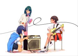 Rule 34 | 10s, 3girls, absurdres, amplifier, artist request, blue hair, brown hair, cable, cardigan, chair, commentary request, denkou choujin gridman, electric guitar, green hair, gridman universe, guitar, hassu, highres, instrument, looking at another, mask, mouth mask, multiple girls, music, namiko, official art, playing instrument, pleated skirt, pointing, school uniform, shoes, short hair, simple background, sitting, skirt, smile, ssss.gridman, standing, surgical mask, takarada rikka, uwabaki, white background