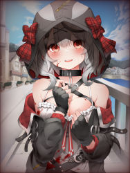 Rule 34 | 1girl, absurdres, bare shoulders, black collar, black gloves, black hair, black jacket, blood, blood on breasts, blood on clothes, blood on face, blush, bow, breasts, collar, commentary request, day, fingerless gloves, gloves, hair ornament, hands up, highres, hololive, hood, hood up, jacket, large breasts, long sleeves, looking at viewer, medium hair, multicolored hair, off shoulder, open clothes, open jacket, outdoors, parted lips, pepushi drow, plaid, plaid bow, red bow, red eyes, sakamata chloe, shirt, silver hair, smile, solo, streaked hair, teeth, upper body, upper teeth only, virtual youtuber, white shirt, x hair ornament