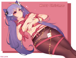 Rule 34 | 1girl, absurdres, bad id, bad pixiv id, black pantyhose, bound, bow, breasts, cleavage, commentary request, english text, genshin impact, hair between eyes, hair ornament, heart, highres, keqing (genshin impact), kkato, long hair, looking away, lying, medium breasts, merry christmas, naked ribbon, navel, panties, panties under pantyhose, pantyhose, purple eyes, purple hair, ribbon, sidelocks, simple background, smile, solo, stomach, twintails, two-tone background, underwear