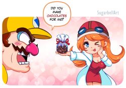 Rule 34 | 1boy, 1girl, absurdres, artist name, big nose, blue eyes, blush, brown hair, chocolate, coat, dress, facial hair, goggles, goggles on headwear, hat, heart, heart background, helmet, highres, long hair, mona (warioware), motorcycle helmet, mustache, nintendo, one eye closed, orange hair, red dress, speech bubble, sugarbell, tongue, tongue out, wario, warioware, white coat, yellow hat