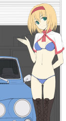 Rule 34 | 1girl, alice margatroid, arm behind back, bad id, bad pixiv id, bikini, blonde hair, blue bikini, boots, capelet, car, cross-laced footwear, female focus, green eyes, hairband, lace-up boots, motor vehicle, navel, panties, race queen, renault, renault 8, short hair, smile, solo, standing, swimsuit, takemori shintarou, thigh boots, thighhighs, thong, touhou, underwear, vehicle