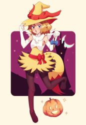 Rule 34 | 1girl, absurdres, black pantyhose, black skirt, blonde hair, blue eyes, braixen, braixen (cosplay), cosplay, creatures (company), crescent moon, full body, game freak, gazing eye, gen 6 pokemon, gloves, halloween, hat, highres, jack-o&#039;-lantern, looking at viewer, moon, nintendo, pantyhose, pokemon, pokemon (anime), sash, serena (pokemon), short hair, skirt, solo, sparkle, standing, standing on one leg, thighhighs, wavy hair, white gloves, witch, witch hat