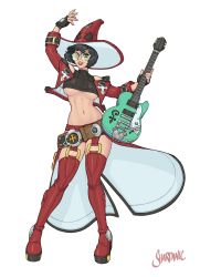 Rule 34 | 1girl, abs, absurdres, artist name, bare shoulders, black hair, boots, breasts, electric guitar, female focus, fingerless gloves, full body, glasses, gloves, green-tinted eyewear, green-tinted glasses, guilty gear, guilty gear strive, guitar, hat, highres, holding, holding instrument, i-no, instrument, looking at viewer, makeup, medium breasts, midriff, mole, mole above mouth, navel, red hat, shardanic, short hair, simple background, smile, solo, standing, stomach, sunglasses, thigh boots, thighhighs, tinted eyewear, underboob, white background, witch hat