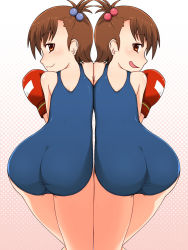 Rule 34 | 00s, 2girls, ass, bad id, bad pixiv id, boxing gloves, brown eyes, brown hair, futami ami, futami mami, gloves, hair bobbles, hair ornament, idolmaster, idolmaster (classic), kazuto san, multiple girls, one-piece swimsuit, school swimsuit, short hair, siblings, sisters, swimsuit, symmetry, twins