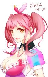 Rule 34 | 1girl, breasts, brown eyes, cleavage, cleavage cutout, clothing cutout, collarbone, dated, dress, from side, hair behind ear, hair ribbon, highres, idol clothes, jewelry, large breasts, looking at viewer, macross, macross delta, makina nakajima, medium breasts, medium hair, necklace, open mouth, pink dress, pink hair, pink ribbon, ribbon, solo, squall (great-vacation), twintails, white background