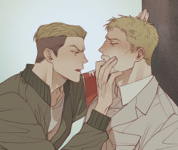Rule 34 | 2boys, absurdres, blonde hair, blush, brown hair, chengzhineixihuanxiaogou, finger in another&#039;s mouth, from side, highres, male focus, multiple boys, porco galliard, reiner braun, shingeki no kyojin, short hair, sideburns, undercut, upper body, yaoi