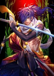 Rule 34 | 1boy, abs, bamboo, black bridal gauntlets, bridal gauntlets, cowboy shot, dual wielding, fate/grand order, fate (series), hadanugi dousa, hair over one eye, hand up, headband, highres, holding, holding sword, holding weapon, japanese clothes, katana, kimono, long hair, looking at viewer, lower teeth only, male focus, muscular, muscular male, okada izou (fate), okada izou (third ascension) (fate), one eye covered, open clothes, open kimono, open mouth, ponytail, purple hair, purple headband, red kimono, scarf, sheath, smile, solo, sword, teeth, tenobe, weapon, white scarf, yellow eyes