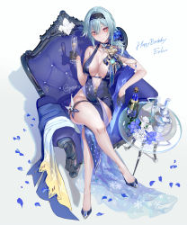 Rule 34 | 1girl, absurdres, alcohol, bare shoulders, black gloves, black hairband, blue dress, blue footwear, blue hair, breasts, chair, champagne, choker, cleavage, closed mouth, collarbone, crossed legs, cup, dress, eula (genshin impact), full body, genshin impact, gloves, hairband, highres, jewelry, large breasts, looking at viewer, medium hair, pottsness, smile, solo, thigh strap, thighs, vision (genshin impact), yellow eyes