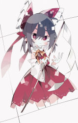 Rule 34 | 1girl, ascot, black hair, blush, bow, closed mouth, collared shirt, cowboy shot, detached sleeves, frilled bow, frilled shirt collar, frills, frown, gohei, hair between eyes, hair bow, hakurei reimu, highres, looking at viewer, medium hair, nacht musik, nontraditional miko, pointy ears, red bow, red eyes, red shirt, red skirt, ribbon-trimmed sleeves, ribbon trim, shirt, skirt, sleeveless, sleeveless shirt, solo, touhou, white background, white sleeves, wide sleeves, yellow ascot