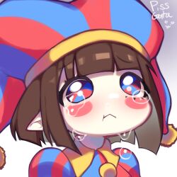 Rule 34 | 1girl, :&lt;, absurdres, artist name, blush stickers, brown hair, collar, crying, crying with eyes open, gradient background, hat, highres, jester, jester cap, jester costume, pale skin, pissgata, pointy ears, pomni (the amazing digital circus), puffy sleeves, short hair, signature, solo, tearing up, tears, the amazing digital circus, two-tone eyes