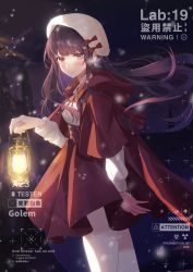 Rule 34 | 1girl, absurdres, arm at side, artist name, blouse, blunt bangs, blush, bow, breasts, cape, floating hair, from side, golem (he ji gao), hat, hat bow, highres, holding, holding lantern, lantern, long hair, long sleeves, looking at viewer, medium breasts, neck ribbon, night, original, parted lips, pentagram, purple hair, red bow, red cape, red eyes, red ribbon, red skirt, ribbon, shirt, skirt, snowing, solo, standing, white hat, white shirt